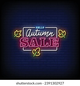 Neon Sign autumn sale with brick wall background vector