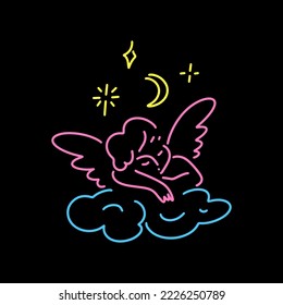 Neon sign baby cupid angel on the cloud with wing and nimbus clipart. Line contour isolated vector beautiful print in vaporwave style, black background. Perfect for t shirt print, web, textile, banner