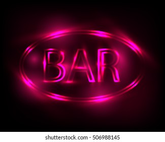 Neon sign Bar. Electric lamp in the form of words. Retro sign for the club on black background. Violet light in the form of text. Vector illustration.