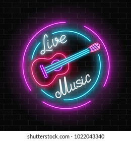 Neon sign of bar with live music on a brick wall background. Advertising glowing signboard of sound cafe with classic guitar symbol. Vector illustration.