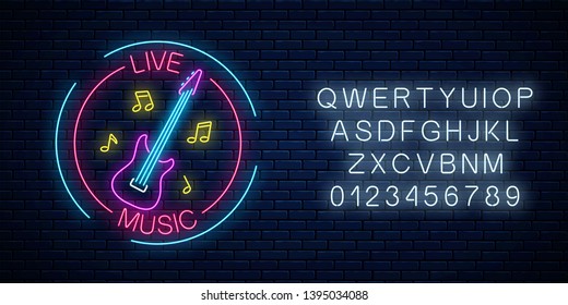 Neon sign of bar with live music with alphabet on a brick wall background. Advertising glowing signboard of sound cafe with electric guitar and music notes symbols. Vector illustration.