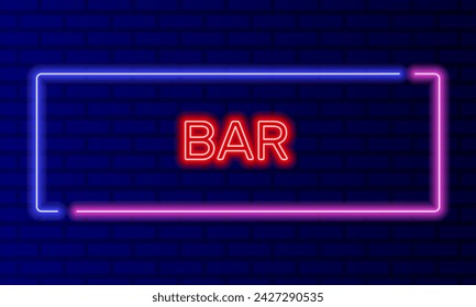 Barra de signo de neón en el marco de la burbuja del discurso en el vector del fondo de la pared del ladrillo. Banner de luz en el fondo de la pared. Bar botón vida nocturna y cócteles, plantilla de diseño, letrero de neón nocturno