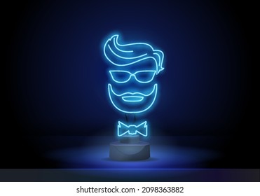 Neon sign barber shop. Blue neon sign man with beard and mustache, inscription barber shop. On a black background. Vector illustration.