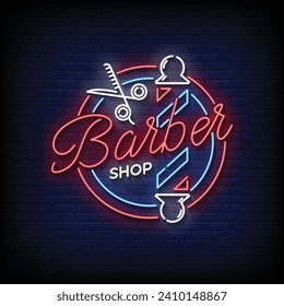 Neon Sign barber shop with brick wall background vector