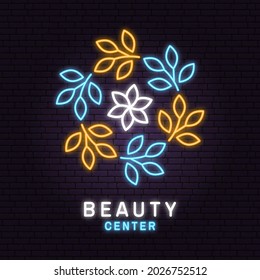 Neon sign. Beauty center with flowers for logo, label, badge, neon sign, emblem. Set for cosmetics, jewellery, beauty and handmade products, tattoo. Linear trendy style. Vector
