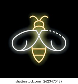 Neon sign of a bee is glowing with yellow and white light on a black background