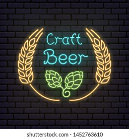 Neon sign for Beer fest. Craft beer with hop and malt. Night bright advertisement. Bright banner on brick wall. Vector vintage illustration in neon style for bar, pub, festival. Trendy design.