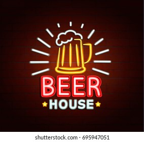 Neon sign of beer house, bright signboard, light banner. Beer house logo, emblem and symbol. Vector illustration.