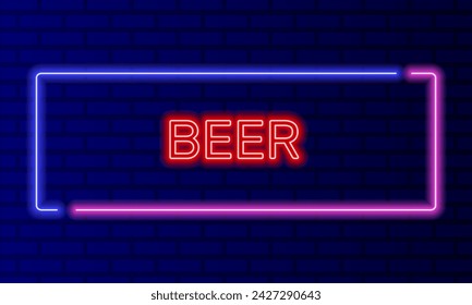Neon sign beer in speech bubble frame on brick wall background vector. Light banner on the wall background. Beer button alcohol pub, design template, night neon signboard