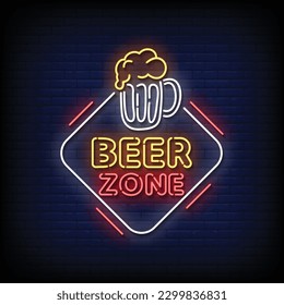 Neon Sign beer zone with brick wall background vector