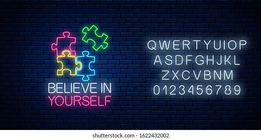 Neon sign of believe in yourself inscription with puzzle pieces and alphabet. Solve puzzle game. Glowing neon icon of logical concept. Thinking game symbol. Vector illustration.