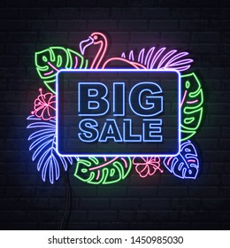 Neon sign big sale with fluorescent tropic leaves. Vintage electric signboard.