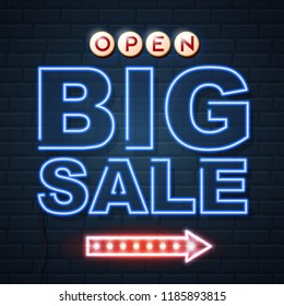 Neon sign big sale open on brick wall background.  Vintage electric signboard.