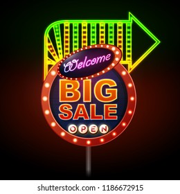 Neon sign big sale open. Vintage electric signboard. Road sign