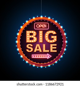 Neon sign big sale open. Vintage electric signboard. Road sign