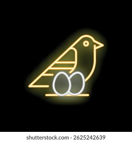 Neon sign of a bird incubating two eggs, glowing on a black background