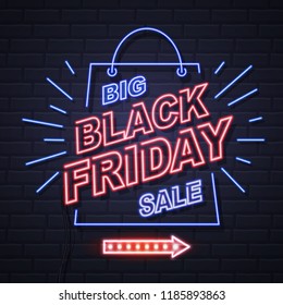 Neon sign black friday big sale open on brick wall background. Vintage electric signboard.