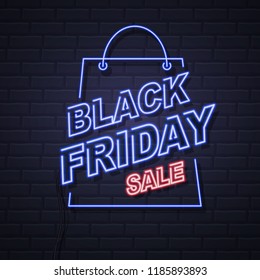 Neon sign black friday big sale open on brick wall background. Vintage electric signboard.