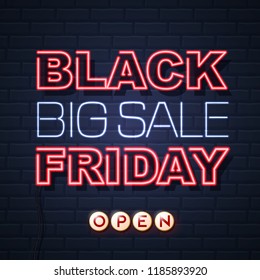 Neon sign black friday big sale open on brick wall background.  Vintage electric signboard.