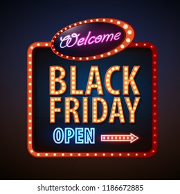 Neon sign black friday open. Vintage electric signboard. Road sign