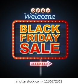 Neon sign black friday sale open. Vintage electric signboard. Road sign