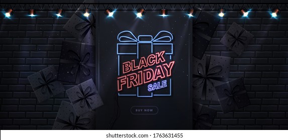 Neon sign Black friday sale poster. Banner with gift boxes on dark brick wall black background
