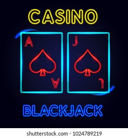 Neon sign for Blackjack cards. Concept of casino and gambling.