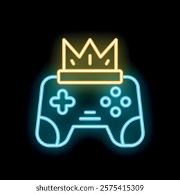 Neon sign of a blue gamepad wearing a golden crown, evoking the concept of victory and gaming supremacy