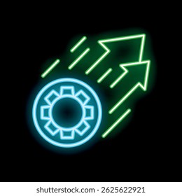 Neon sign of a blue gear wheel moving up with green arrows on a black background, symbolizing business success