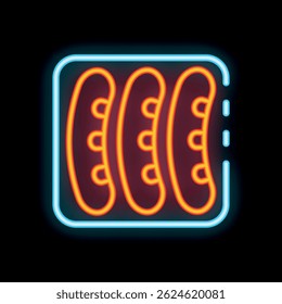 Neon sign of a blue rectangle containing three orange sausages on a black background