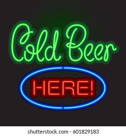 Neon sign board Cold Beer Here. Vector illustration.