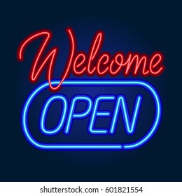 Neon sign board Welcome Open. Vector illustration.