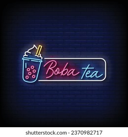 Neon Sign boba tea with brick wall background vector