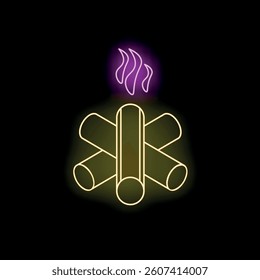 Neon sign of a bonfire burning with purple and yellow lights on a black background