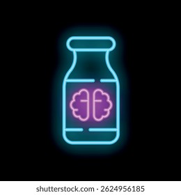 Neon sign of a bottle with brain pills glowing on black background, representing nootropics and smart drugs