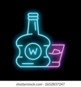 Neon sign with a bottle of whiskey and a glass with ice cubes inside, perfect for themes like bar, nightlife or drinks