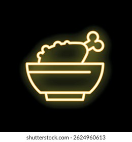 Neon sign of a bowl with a chicken leg and rice glowing on a black background