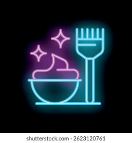 Neon sign of a bowl full of hair dye cream with a brush, shining on black background