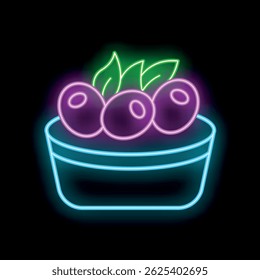 Neon sign of a bowl full of olives with leaves, glowing on a black background, ideal for bars and restaurants