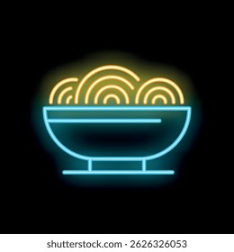 Neon sign of a bowl of ramen noodles steaming on a dark background