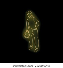 Neon sign of a bowler holding a bowling ball, glowing on a black background