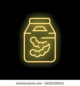 Neon sign of a box of soybeans is glowing on a black background