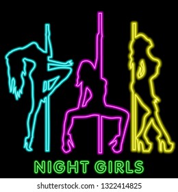 Neon sign of bright colors. Neon girls. Girls strip club neon.  