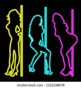 Neon sign of bright colors. Neon women. Women strip club neon.  