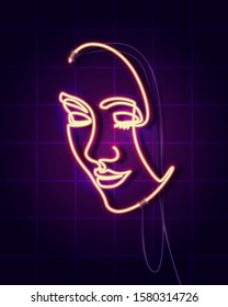 Neon sign. Bright signboard with woman face. Glowing light banner, badge in neon style.