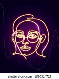 Neon sign. Bright signboard with woman face. Glowing light banner, badge in neon style.