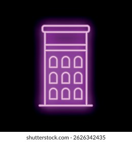 Neon sign of a building with arched windows is glowing purple on a black background