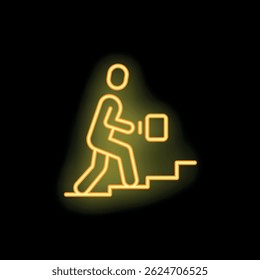 Neon sign of a businessman carrying a briefcase walking up stairs