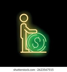 Neon sign of a businessman holding a big coin, representing a successful investment or financial wealth