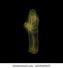 Neon sign of businessman holding laptop with i can sell writing representing sales, marketing and business skills